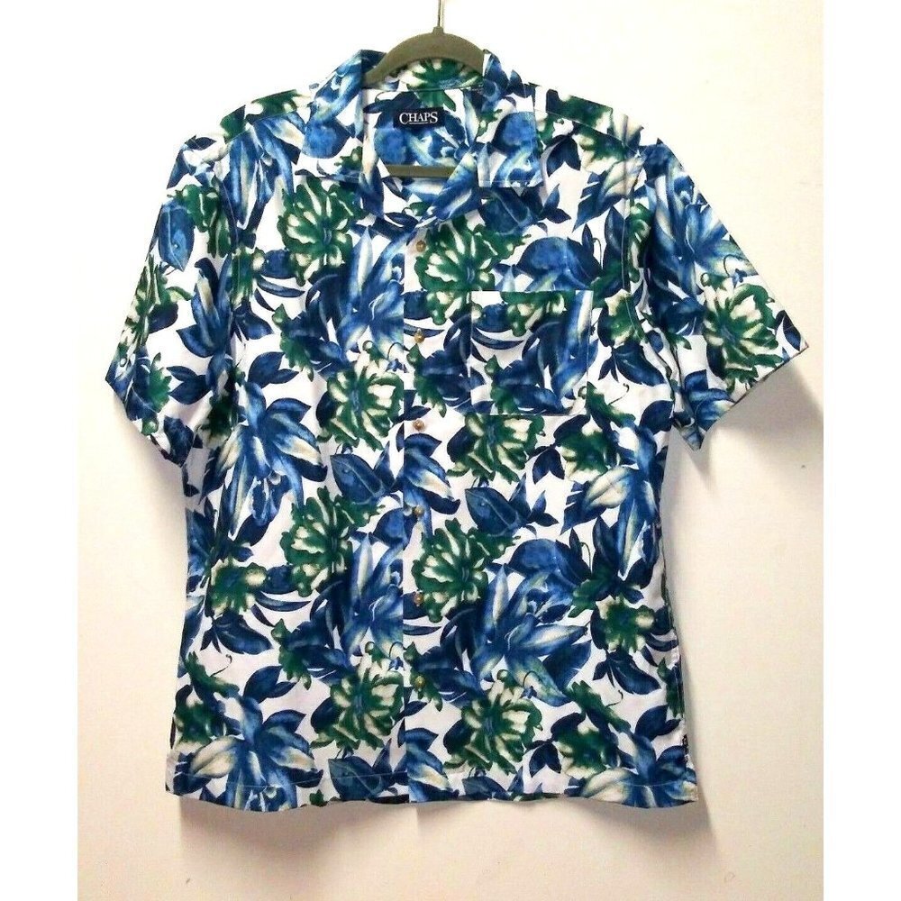 Chaps Men's Shirt Floral Blue Green Button up Size Large Short Sleeve Casual EUC